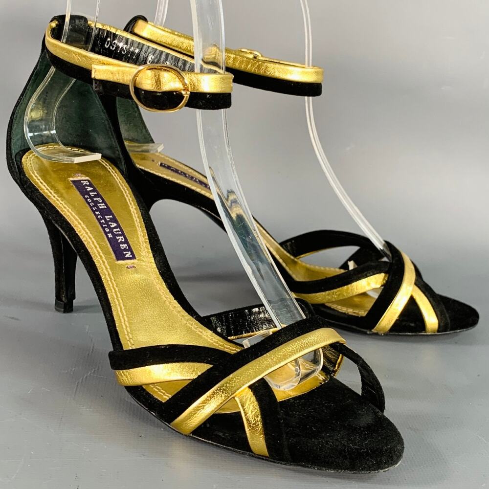 RALPH LAUREN 6 Black Metallic Gold Suede Leather Strappy Ankle Strap Sandals
